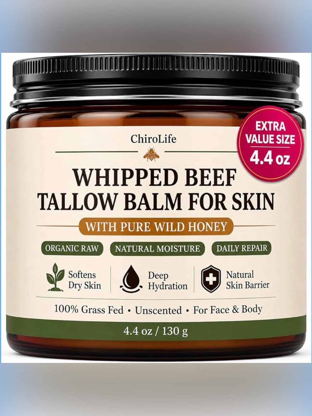 Grass-Fed Beef Tallow for Skin, Whipped Tallow and Honey Balm for Face
